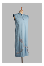 Light blue sleeveless dress with embroidery on a mannequin against a gray background